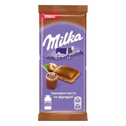 Шоколад Milka молочный с добавлением ореховой пасты из фундука и с дробленым фундуком 90 г в Спар